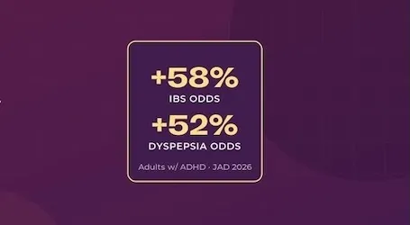 +58% IBS odds. +52% dyspepsia odds. Adults with ADHD, JAD 2026.
