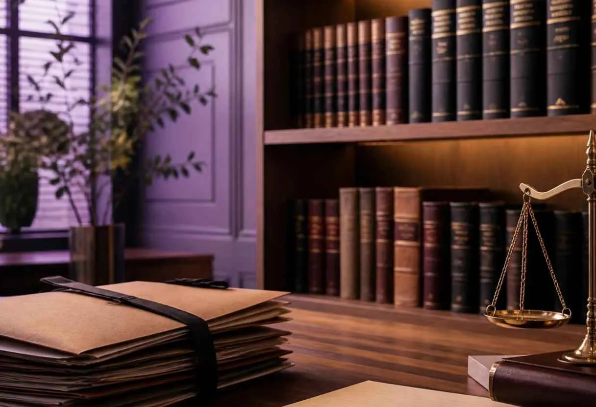 Bibliothèque de cabinet d'avocat sur fond violet