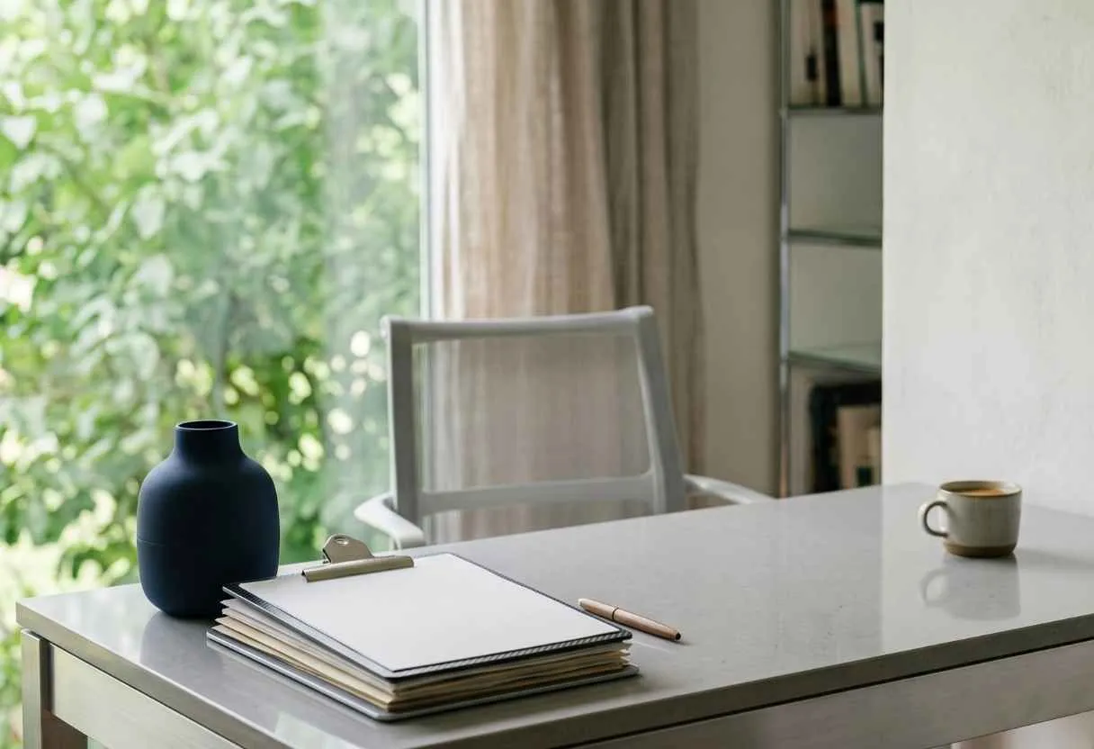 Bureau blanc face à un jardin