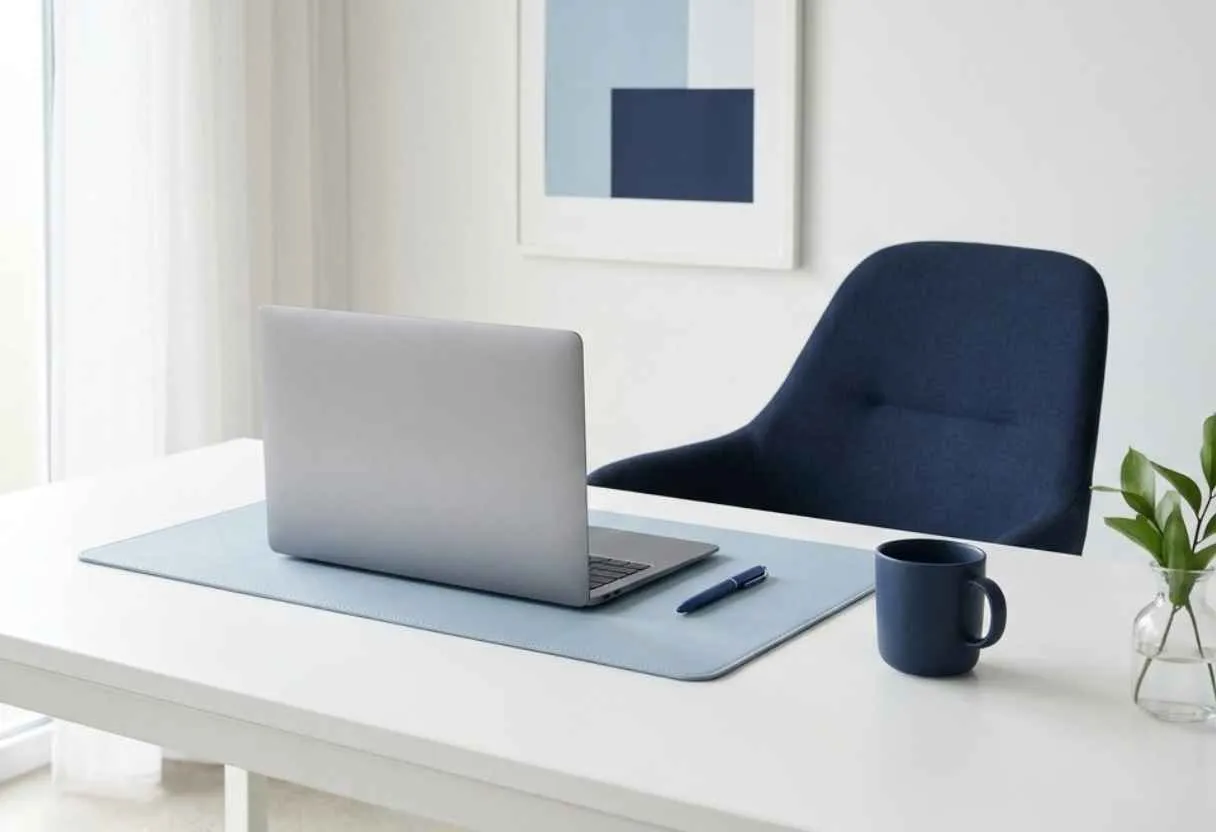 Bureau blanc moderne avec fauteuil bleu