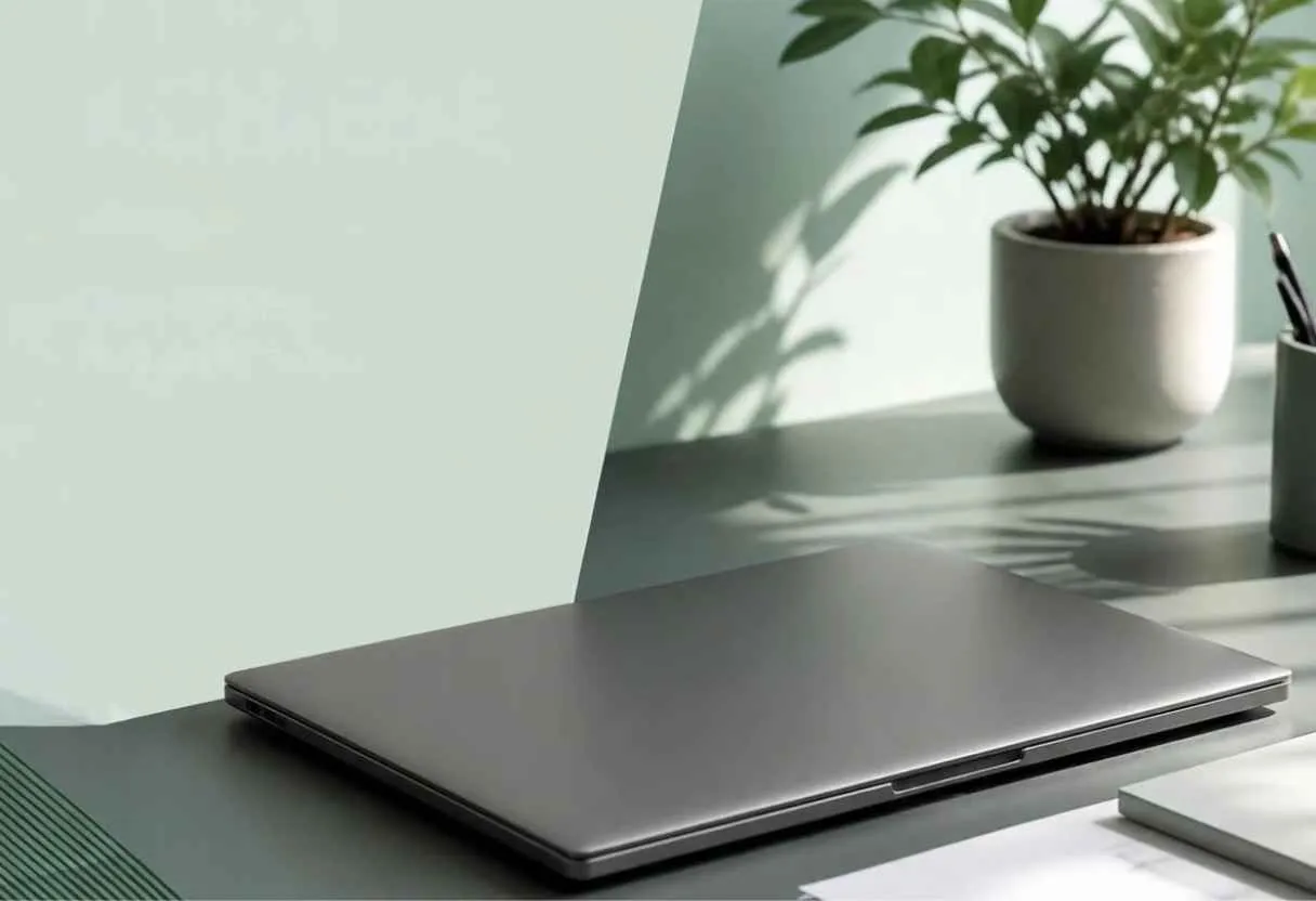 Ordinateur portable sur un bureau, à côté d'une plante
