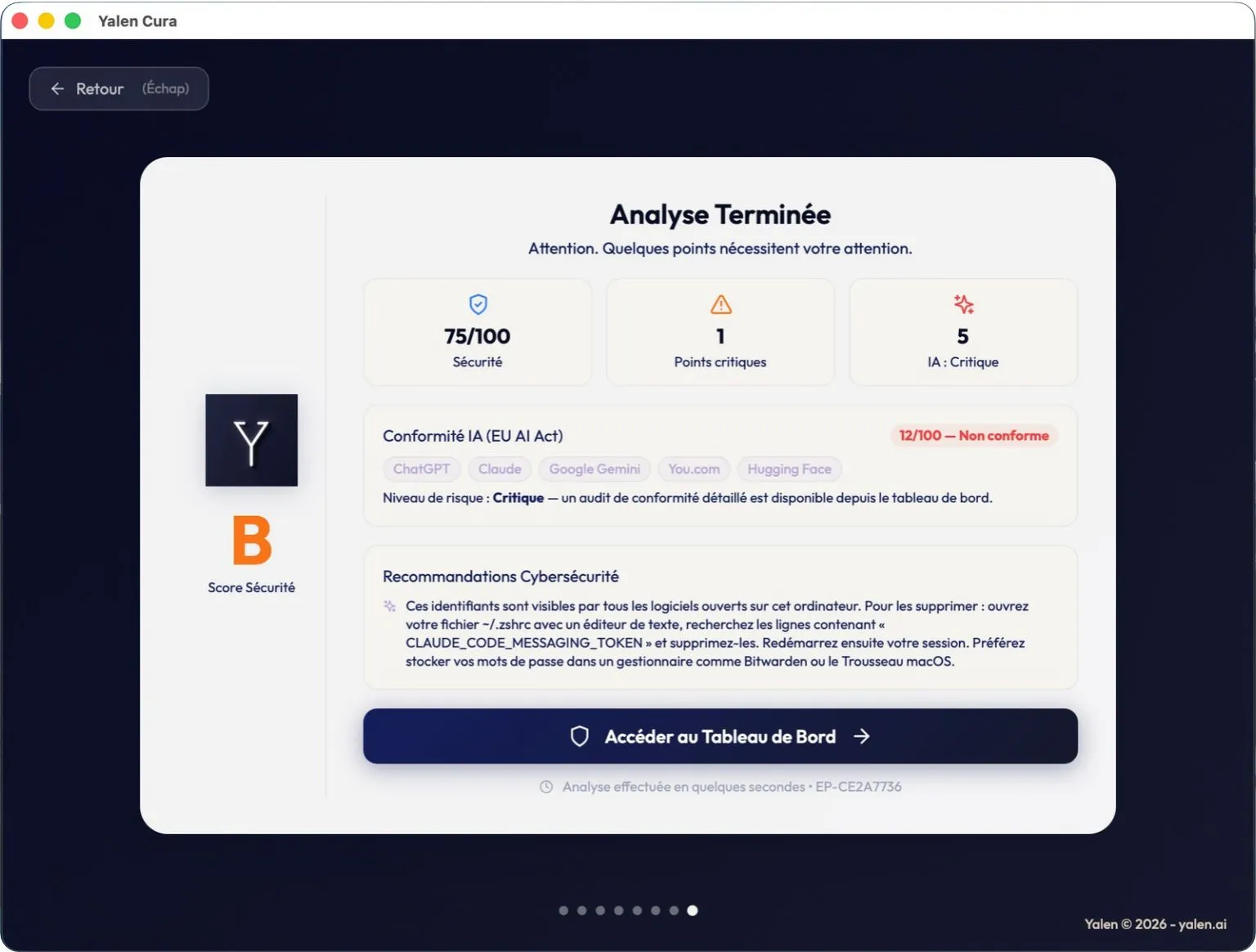 Yalen Cura : résultat de l'analyse rapide avec la classe B et 5 risques liés à l'IA