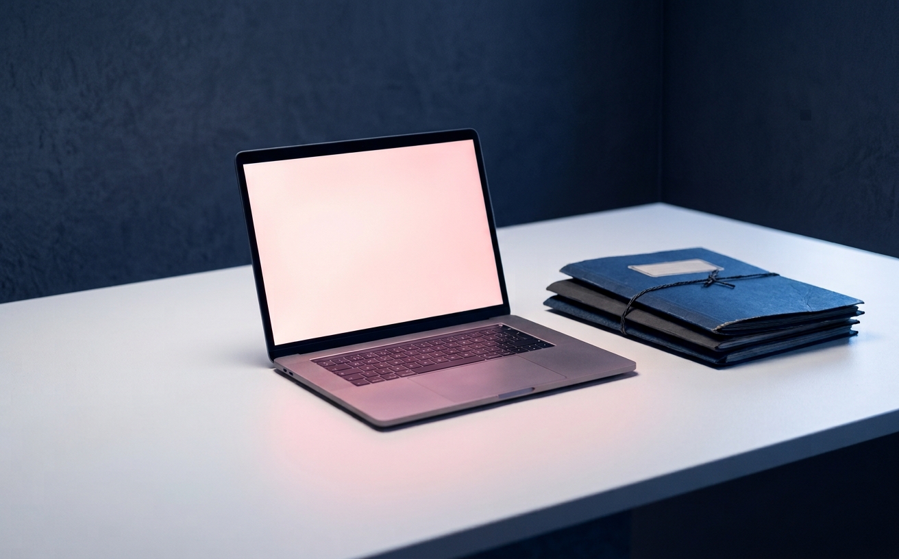 Ordinateur portable et dossiers sur un bureau