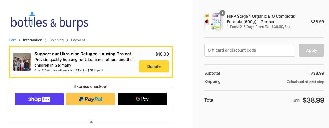 bottles and burps checkout donation