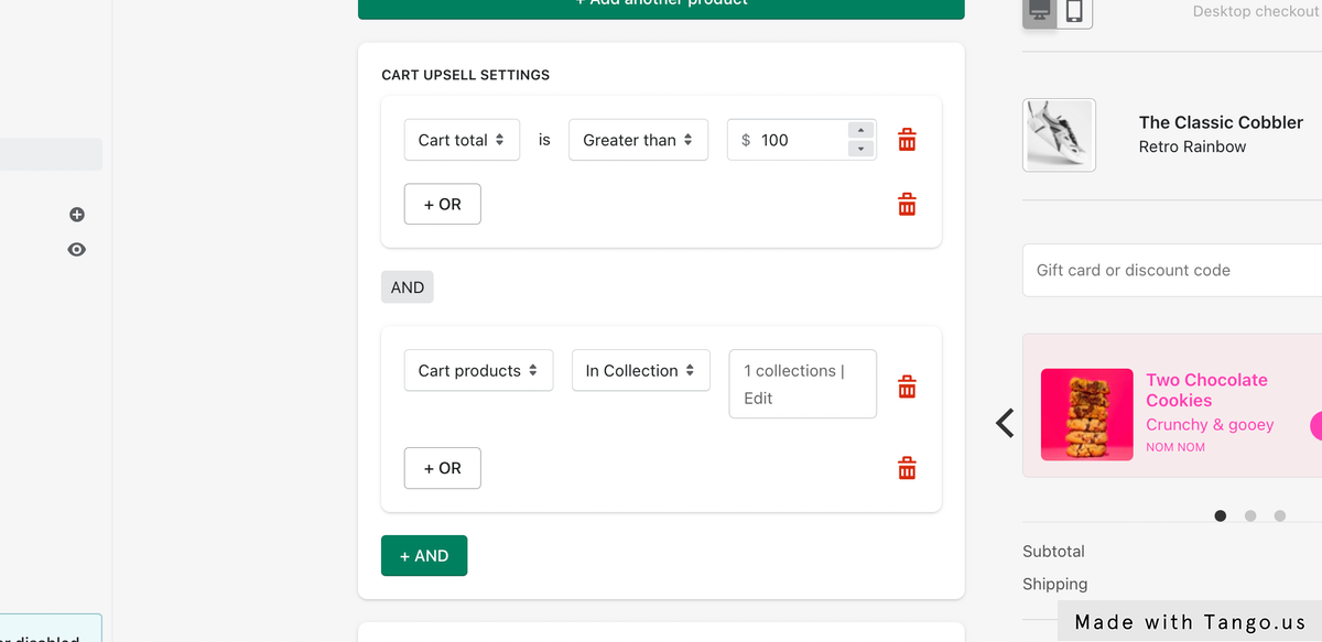 Select the first offer. Scroll down to 'Cart upsell settings'
