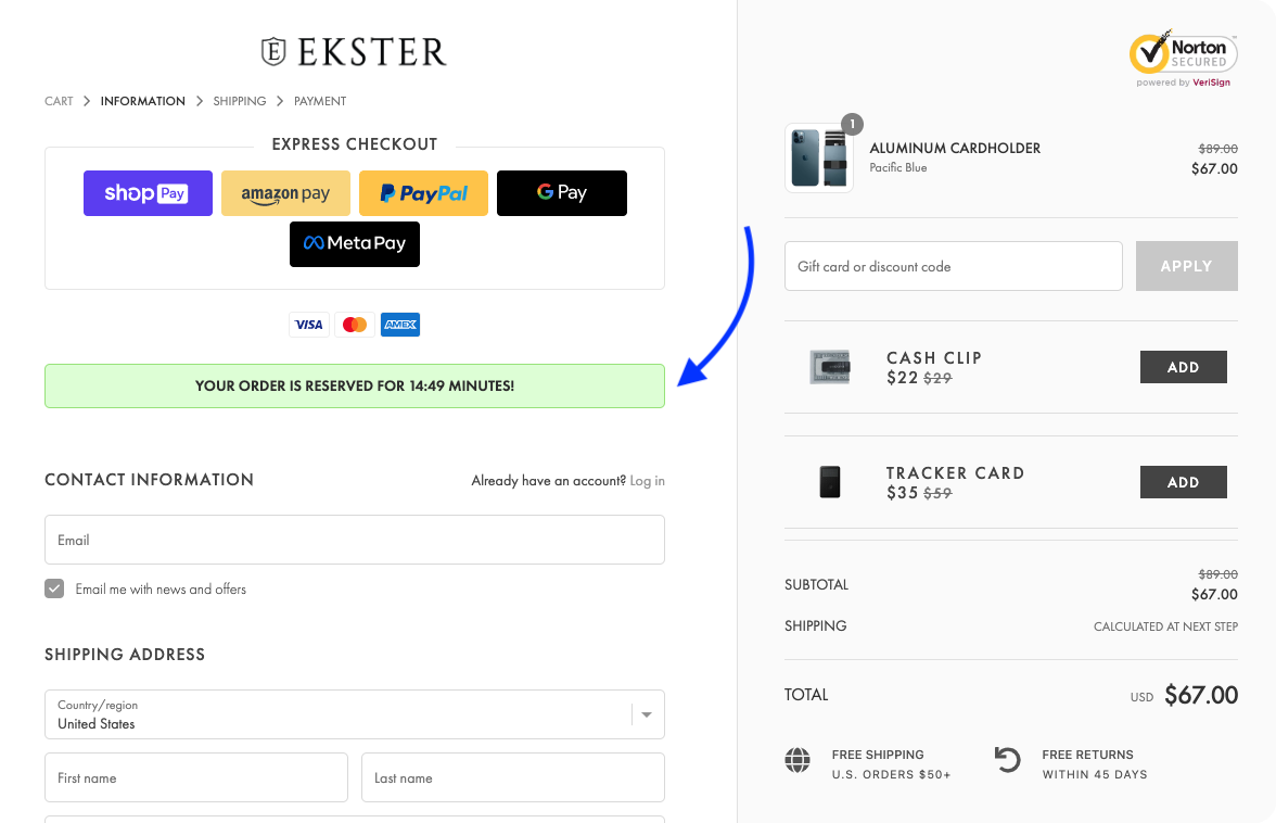 ekster.com checkout timer to create urgency