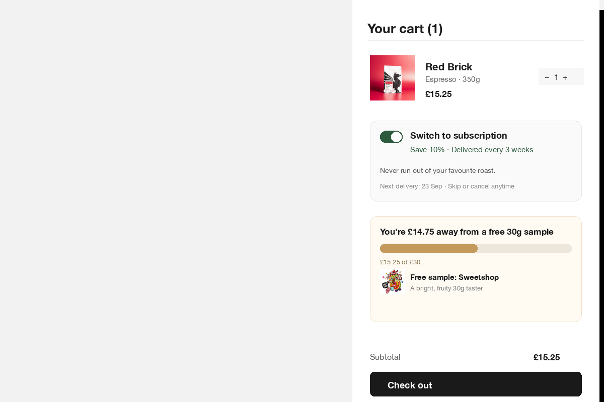 Cart drawer showing subscription upgrade and free sample progress