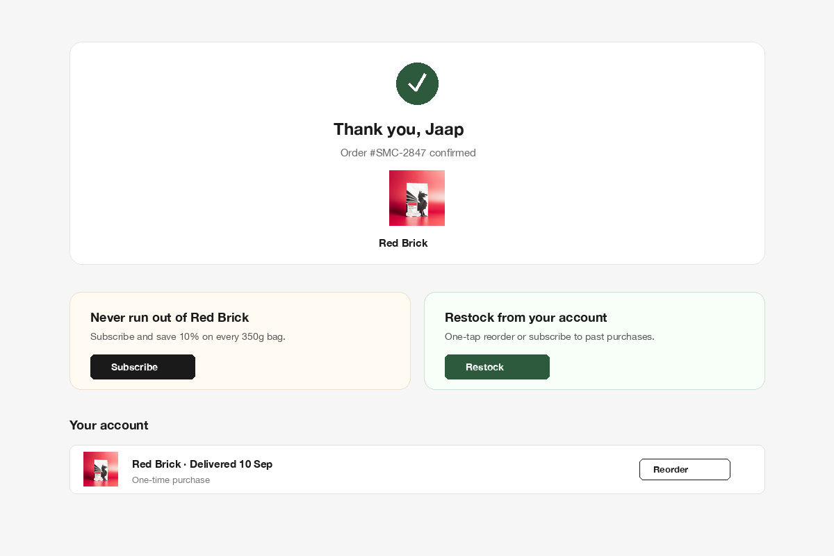 Thank you and account page restock and subscribe offers
