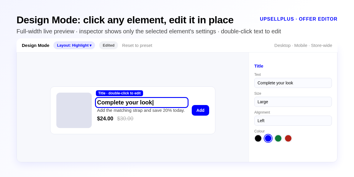 Design Mode with an offer title selected for inline editing and an inspector showing only the title settings