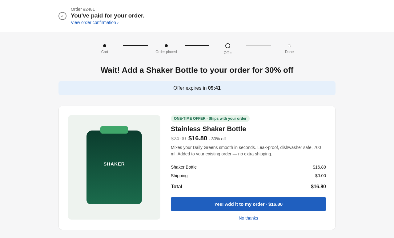 Post-purchase offer with a full-width headline, countdown and a large product image beside the price