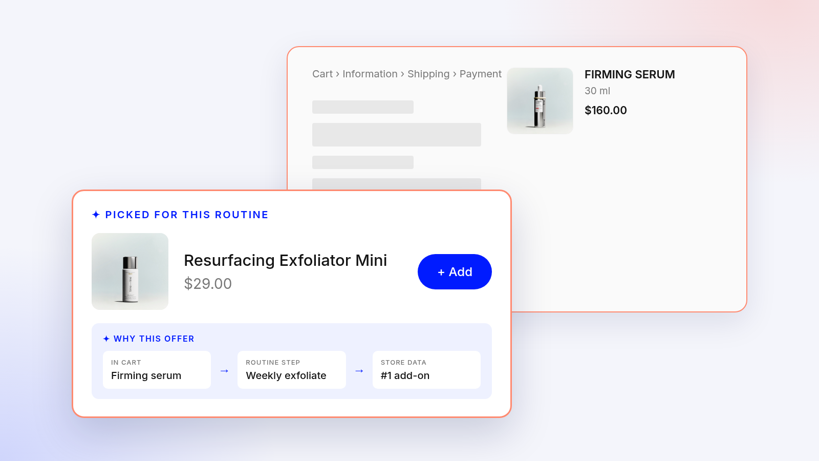 Checkout upsell offering an exfoliator mini to a shopper with a firming serum in the cart, completing the skincare routine
