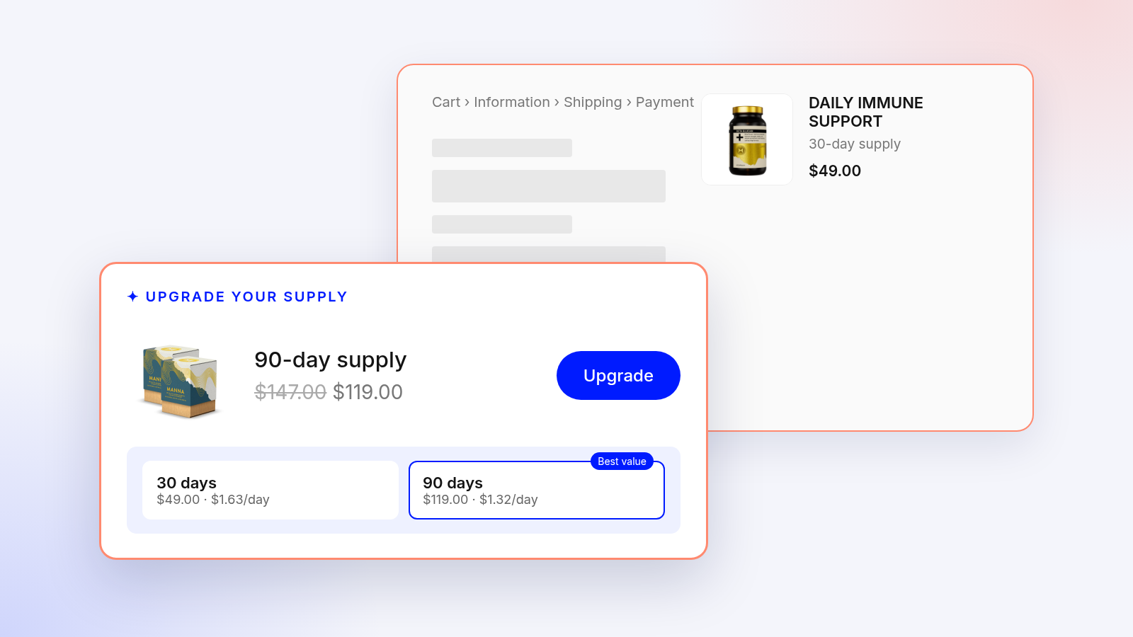Checkout offer upgrading a 30-day supplement supply to a 90-day supply at a lower price per day