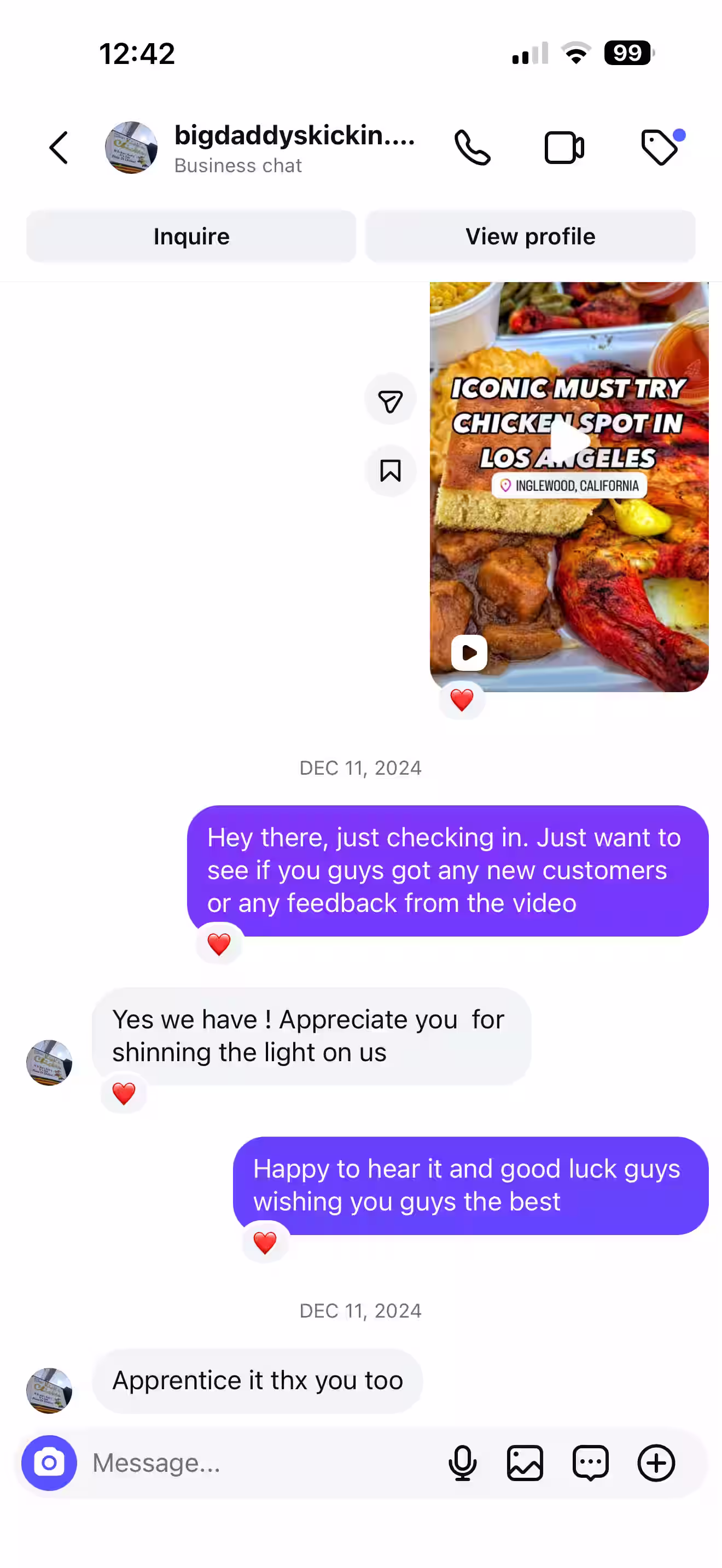 A screenshot of a DM in which Obi reaches out to the owner of Big Daddy's Chicken in Inglewood. The owner confirms an increase in customer traffic after Obi posted a video featuring their restaurant. The owner is appreciative and Obi wishes them luck.