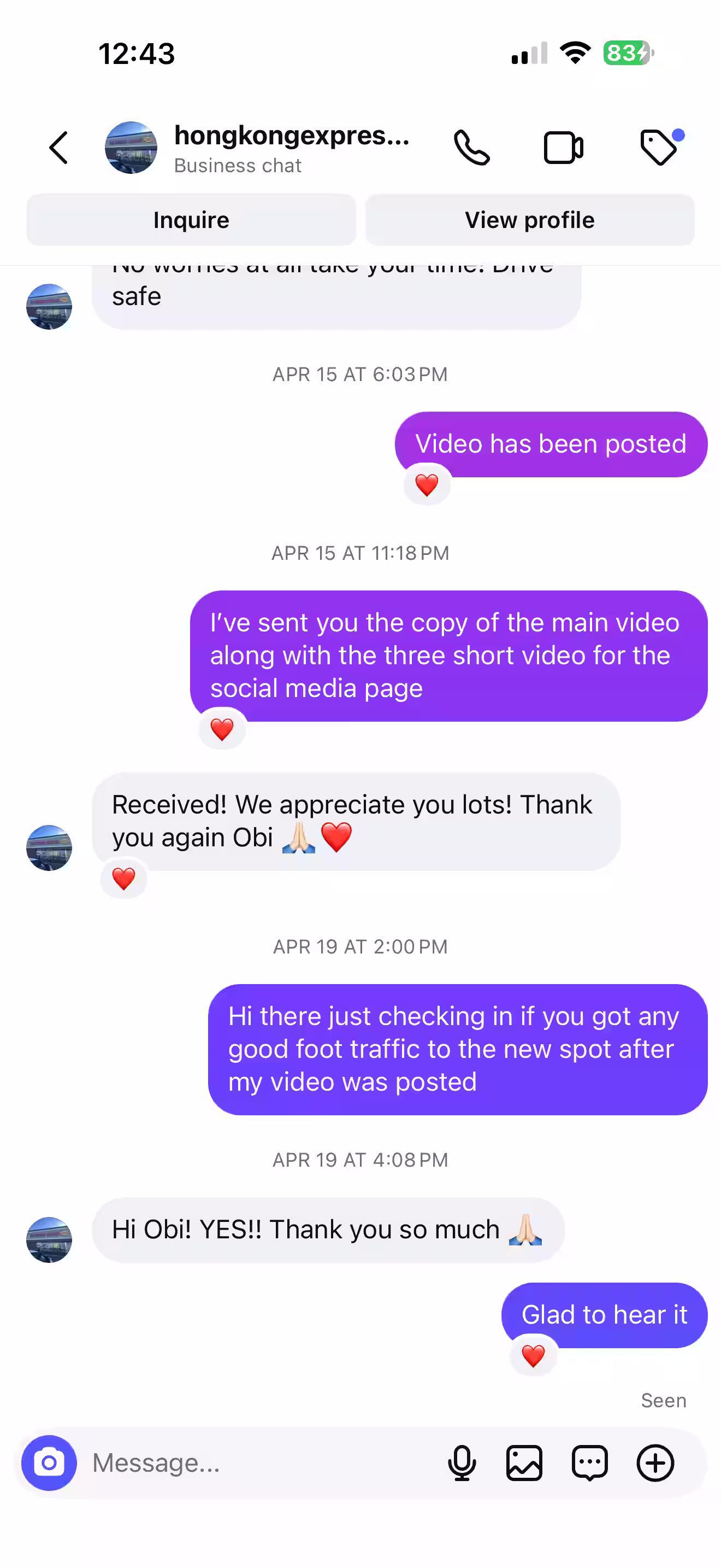 A screenshot of the owner of TN Hong Kong Express Chinese Restaurant in Westminster, responding to Obi's check in after he posted their video. The owner confirms good foot traffic and gratitude for the services.