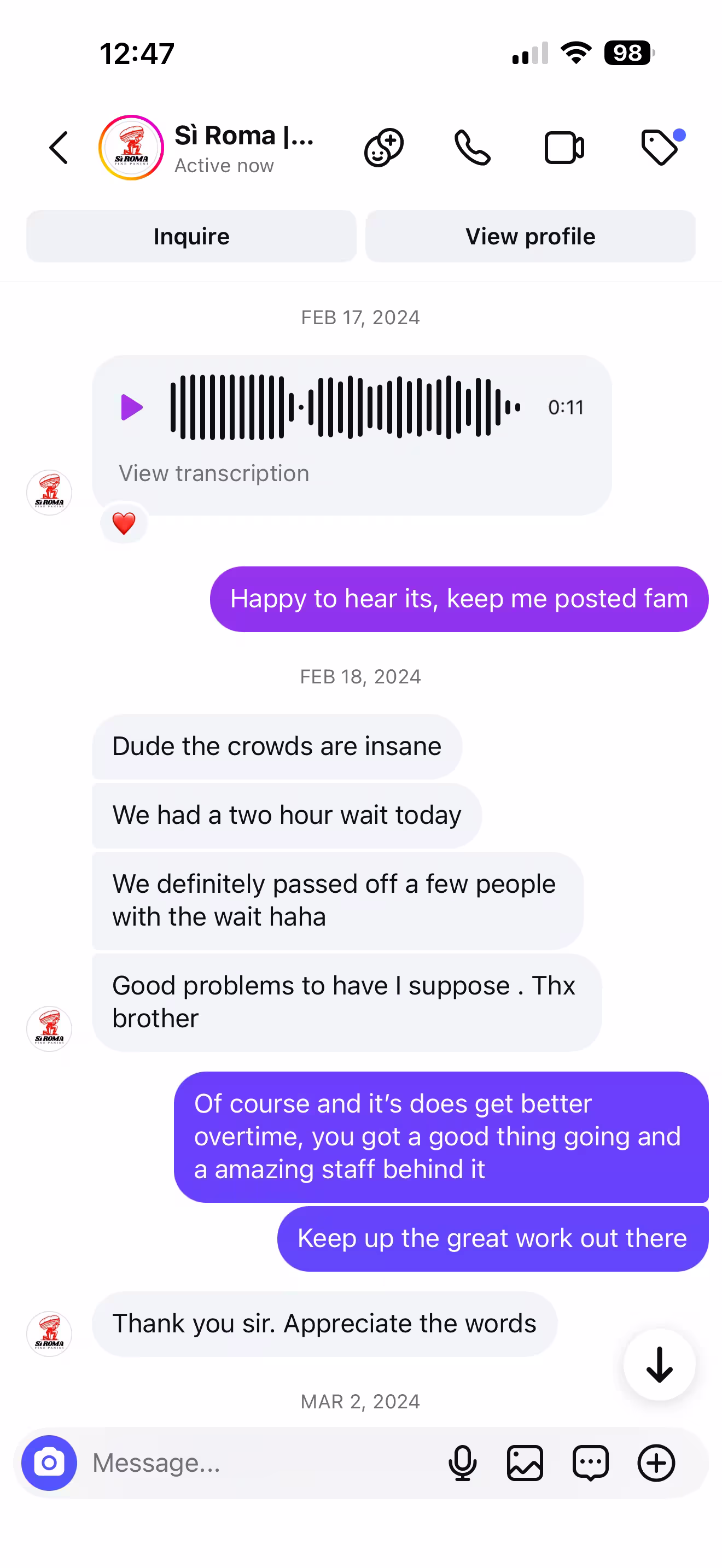 A screenshot of a DM from owner of Sì Roma Italian Sandwiches in Glendale thanking Obi for his services, noting huge crowds and a two hour wait for that day. Obi responds with further encouragement for their growth.
