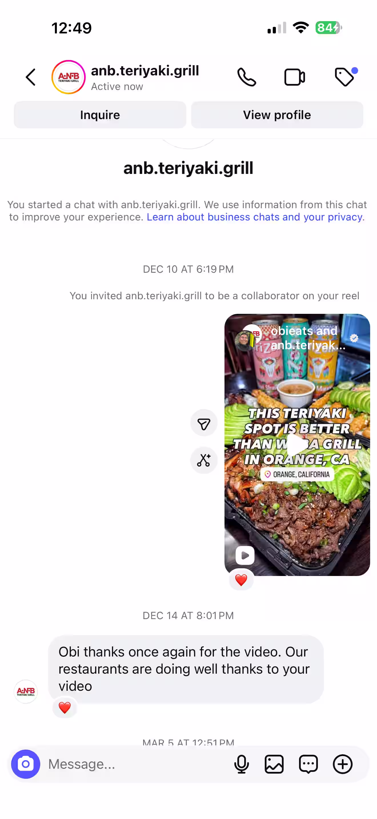 A screenshot of a DM from the owner of ANB Teriyaki Grill from Orange thanking Obi for the video and confirming that the restaurant is doing well as a result.