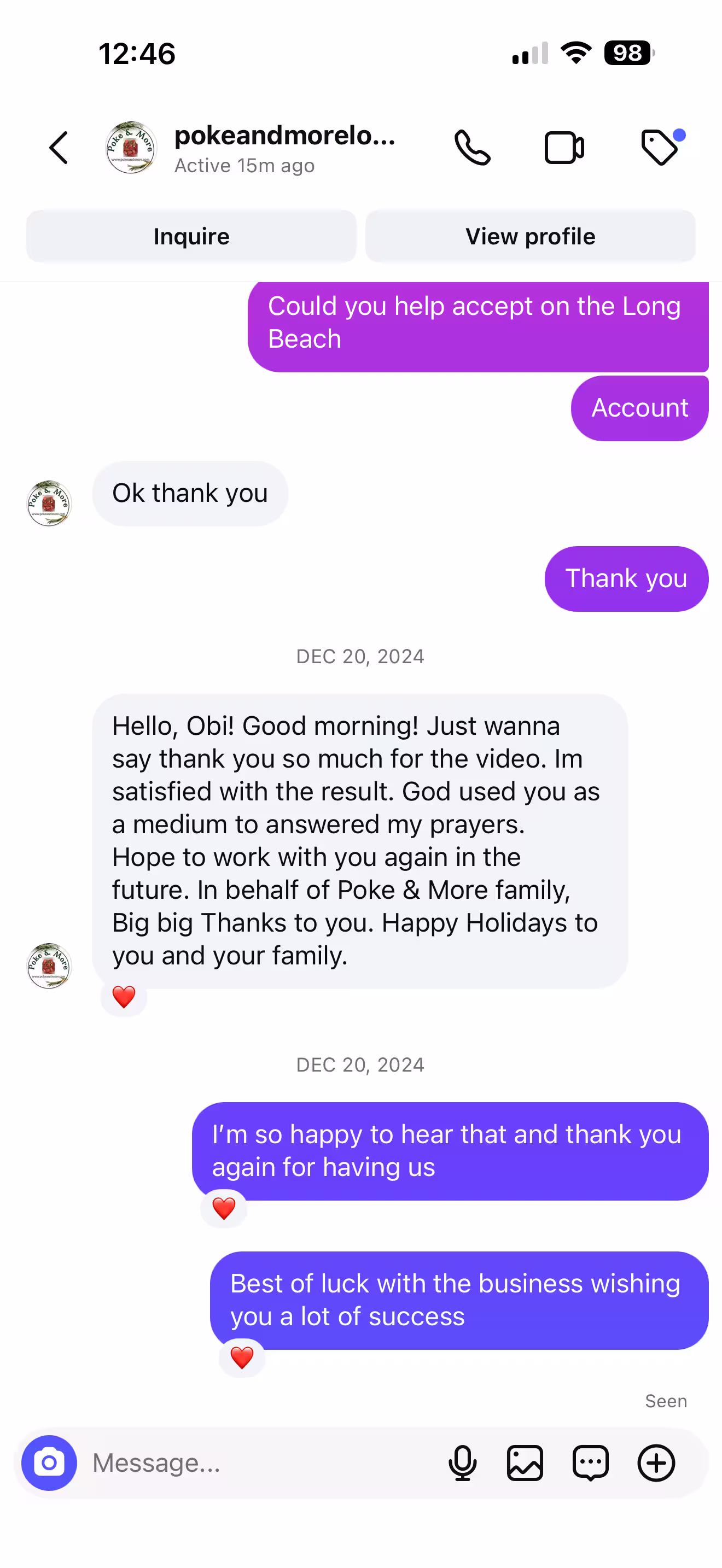 Screenshot of a DM in which the owner of Poh-kay and More in Long Beach thanks Obi for his services, expressing deep personal gratitude and satisfaction. Holiday greetings are exchanged and Obi wishes further success for the restaurant.