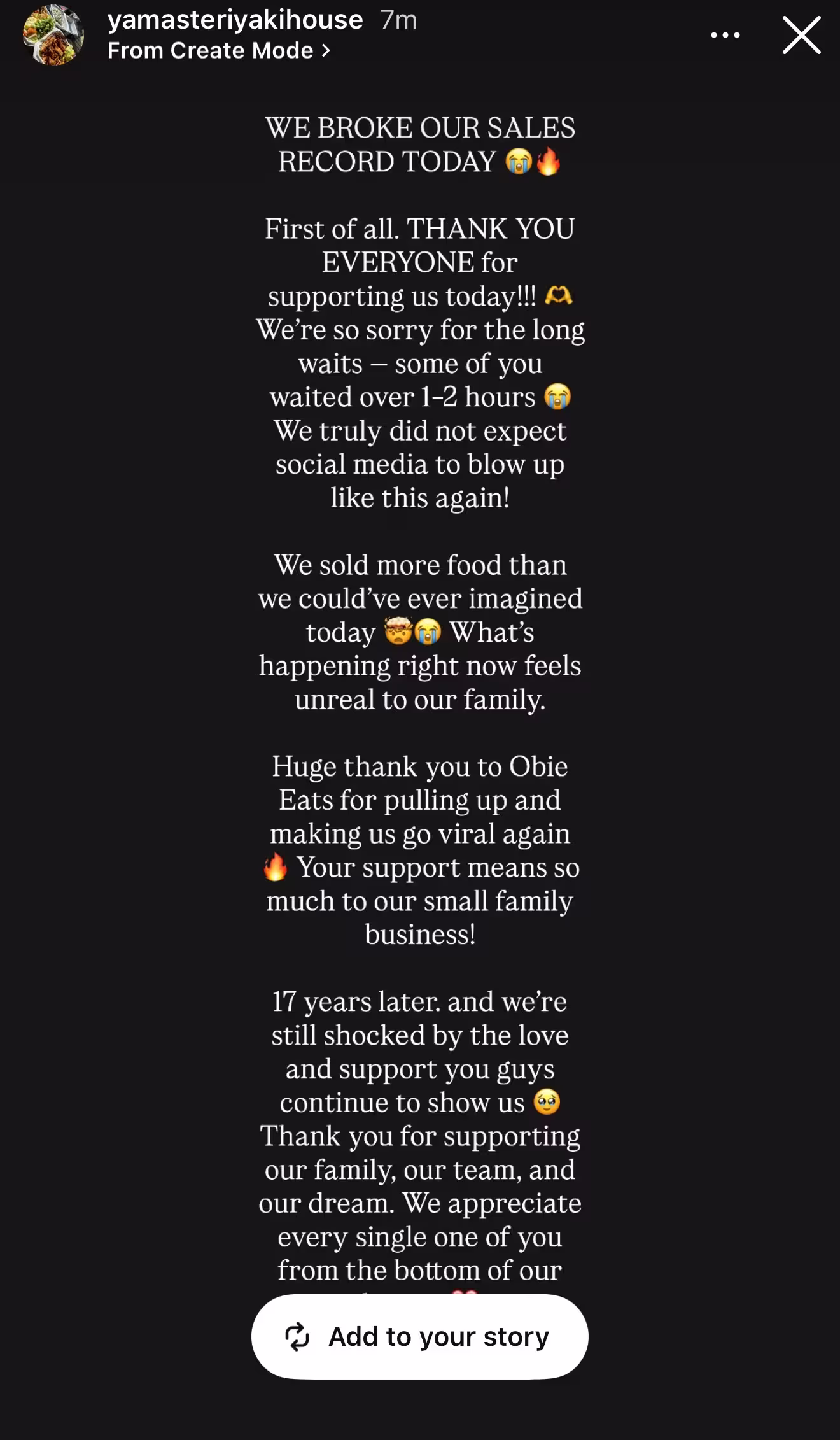 A screenshot of an instagram text story reel by Yama's Teriyaki House in Huntington Beach, sharing how they broke their sales record and experienced unprecedented success that day. They express heartfelt gratitude to their customers and to Obi's support for helping them become viral once again. 