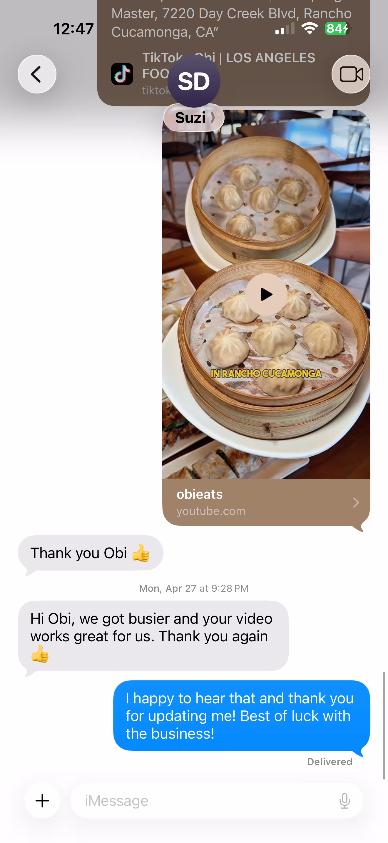 Screenshot of a DM in which Obi reaches out to the owner of Dumpling Master in Rancho Cucamonga. The owner confirms that the tik-tok video Obi made for them worked great and lead to the restaurant getting busier.
