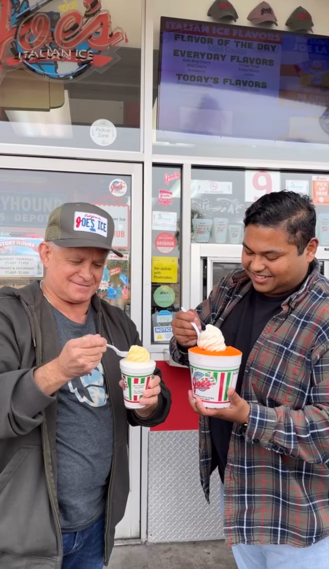 Obi eats ice cream with a owner of Joe's Italian Ice in Anaheim.