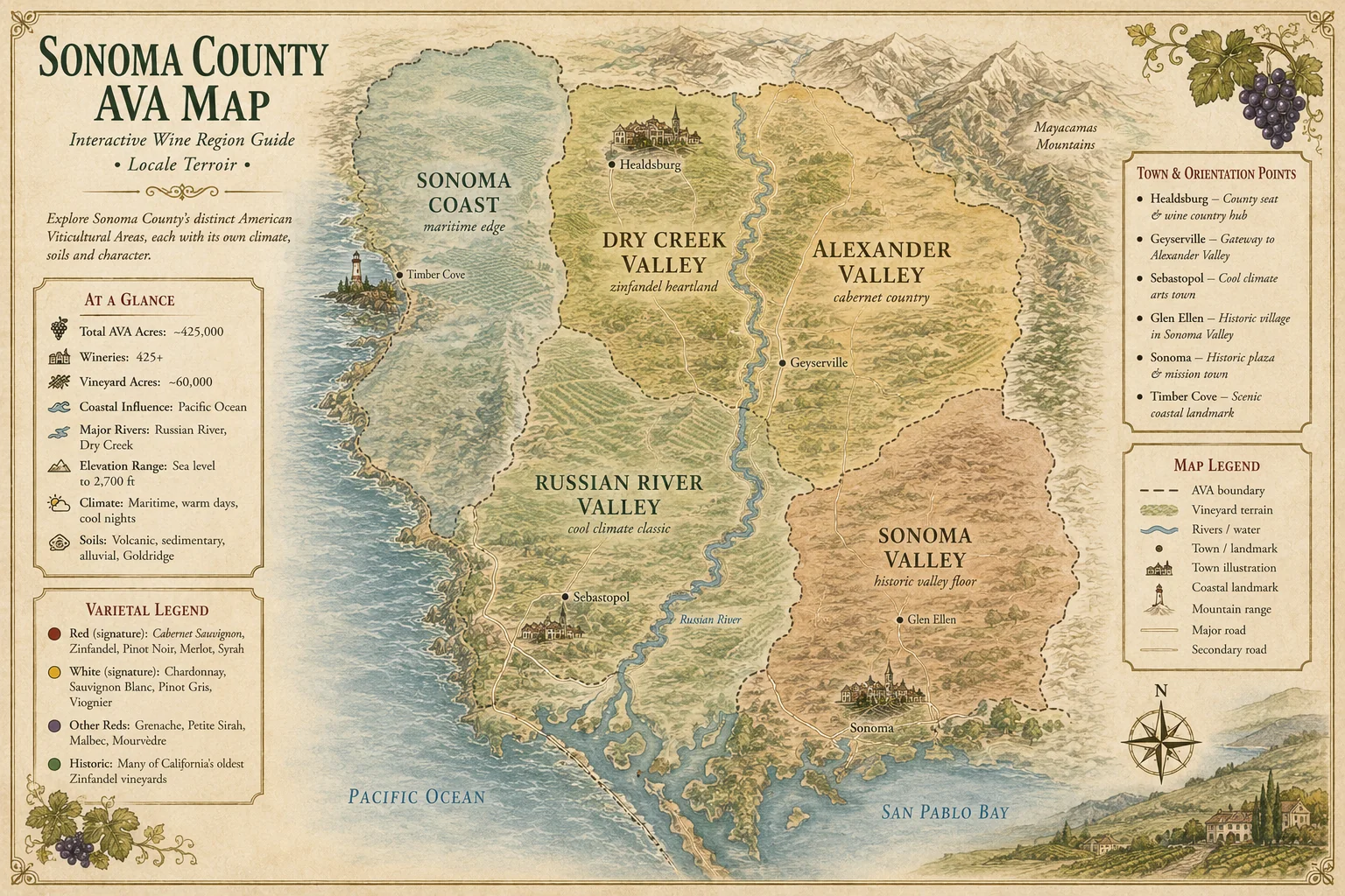 Illustrated map of Sonoma County's American Viticultural Areas