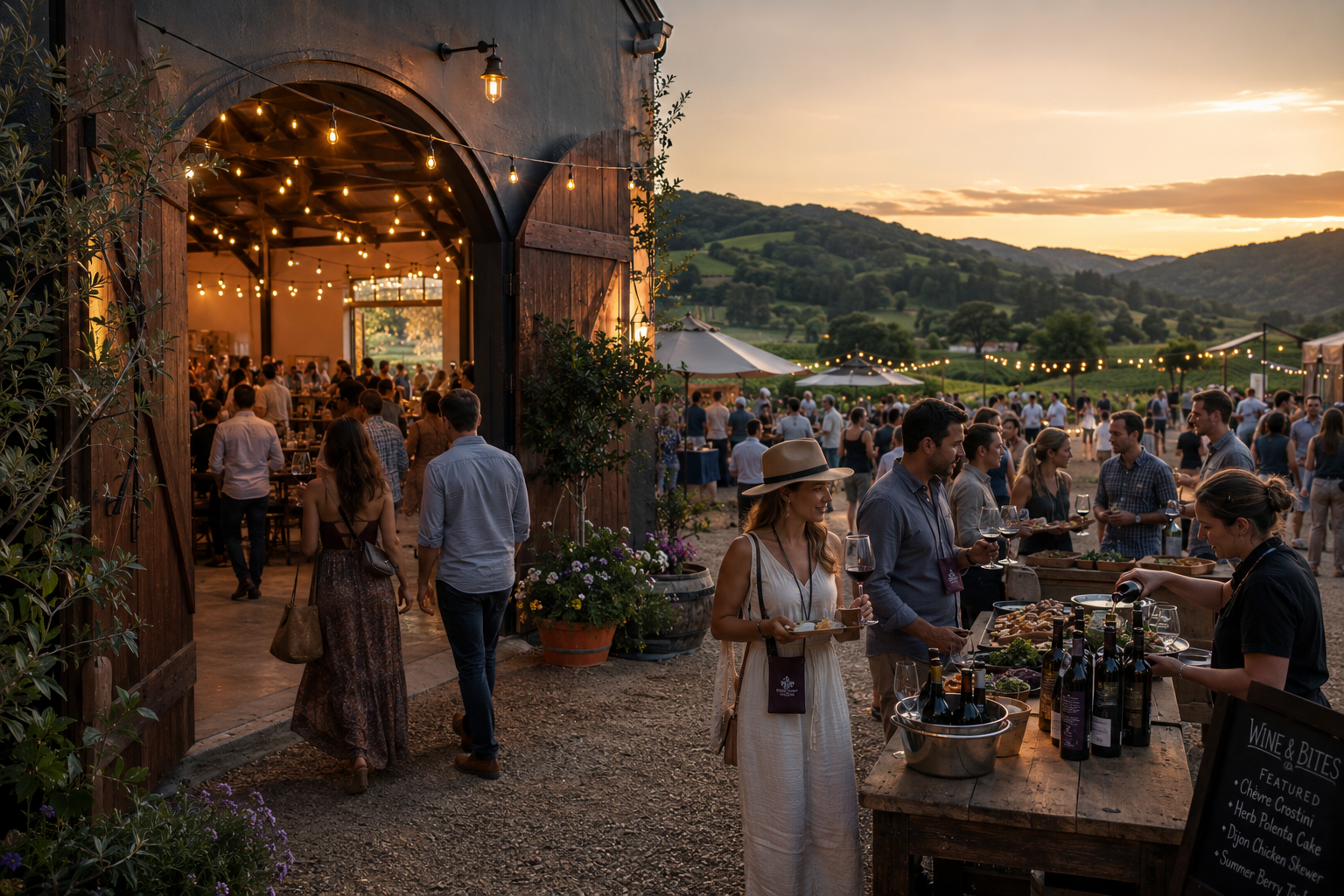 Golden-hour winery festival in Sonoma wine country: string lights over a barn, a wine-and-bites table, and tasting tents set against rolling vineyard hills at sunset.