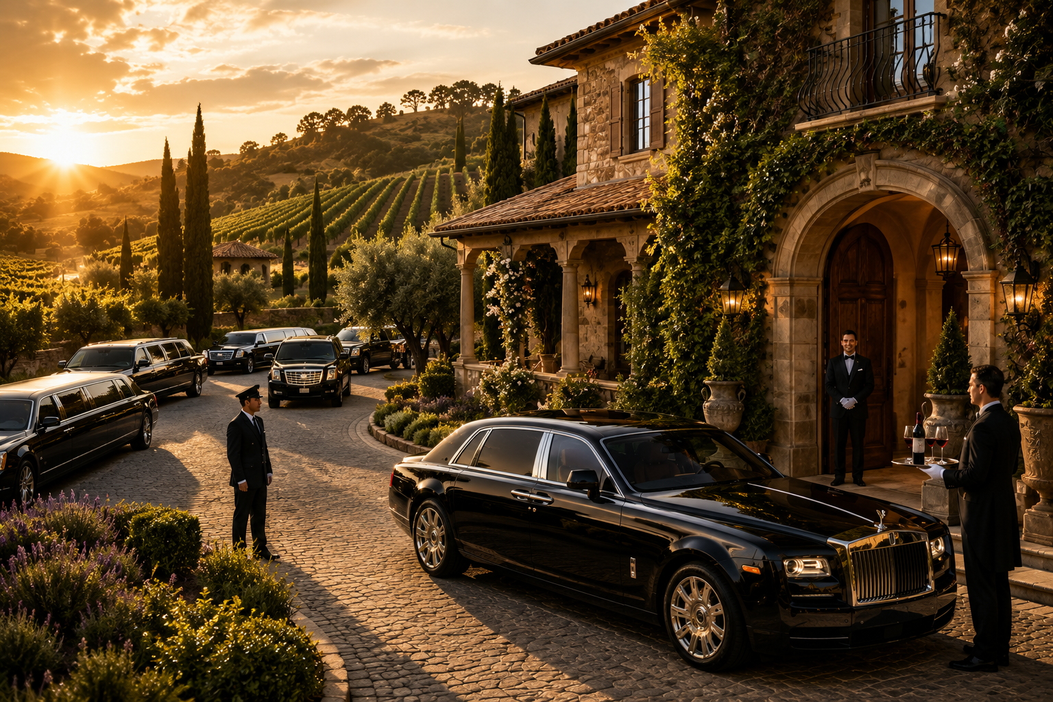 Chauffeured cars and a stretch limousine waiting on a villa drive at sunset in Sonoma wine country