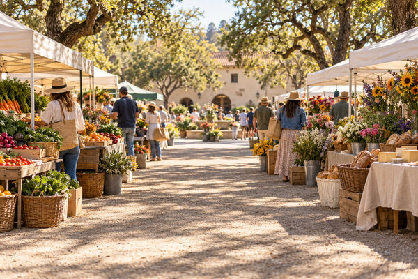 A morning farmers' market on a town plaza