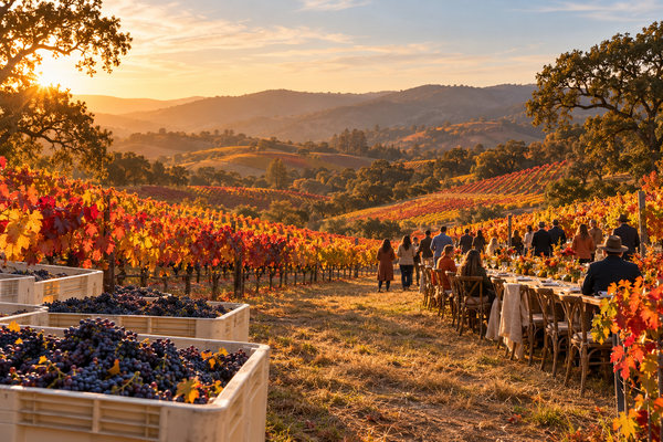 A harvest table among vines in fall color