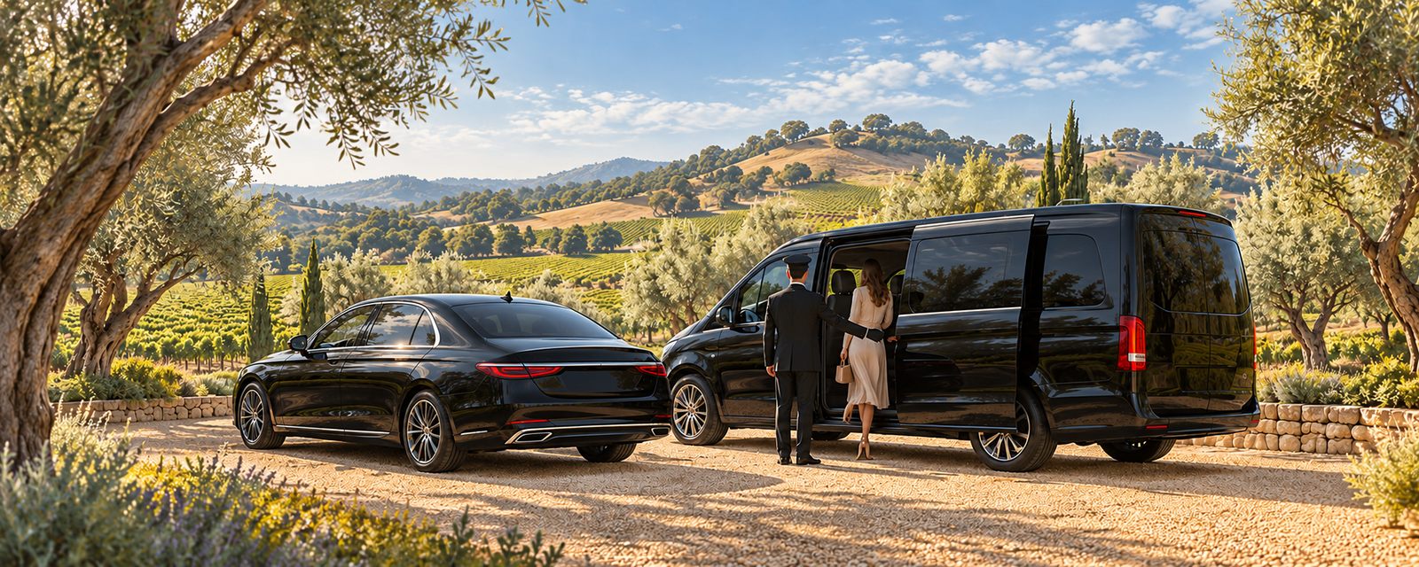 A chauffeured van and sedan waiting on a winery drive