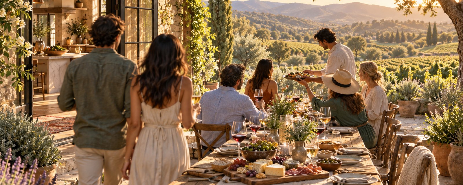 A table set with wine and charcuterie between a farmhouse kitchen and the vines