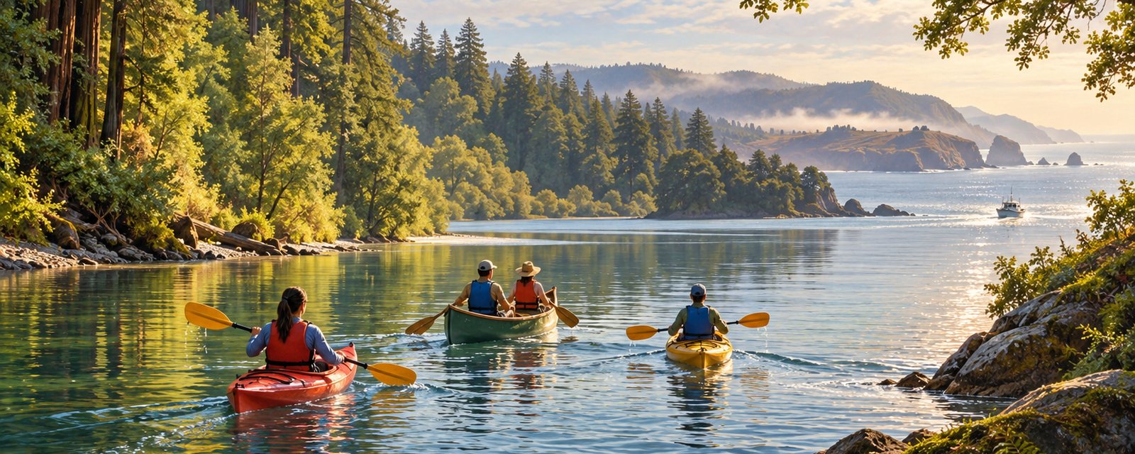 Kayaks on a redwood river bend with the coast beyond