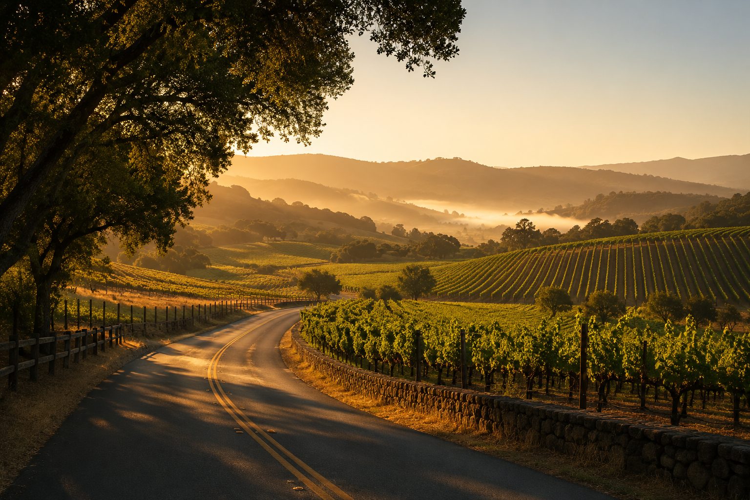 Marin to Sonoma — golden-hour vineyard road