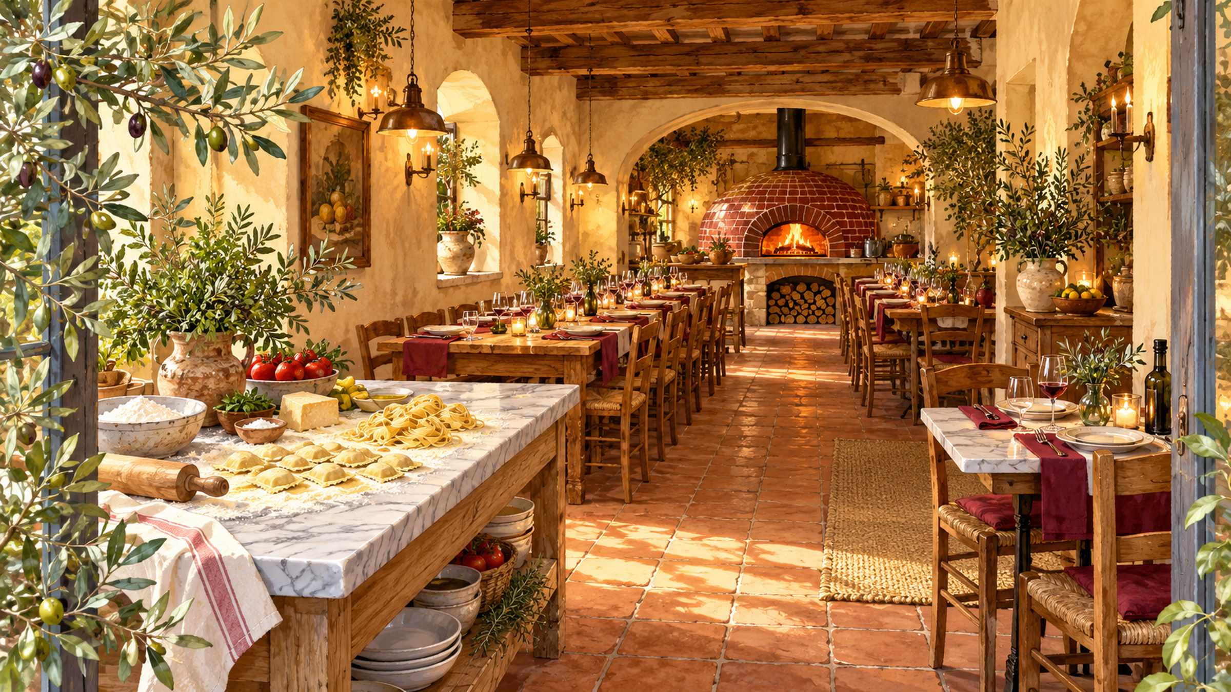 Restaurant Sample, an invented trattoria dining room in warm evening light