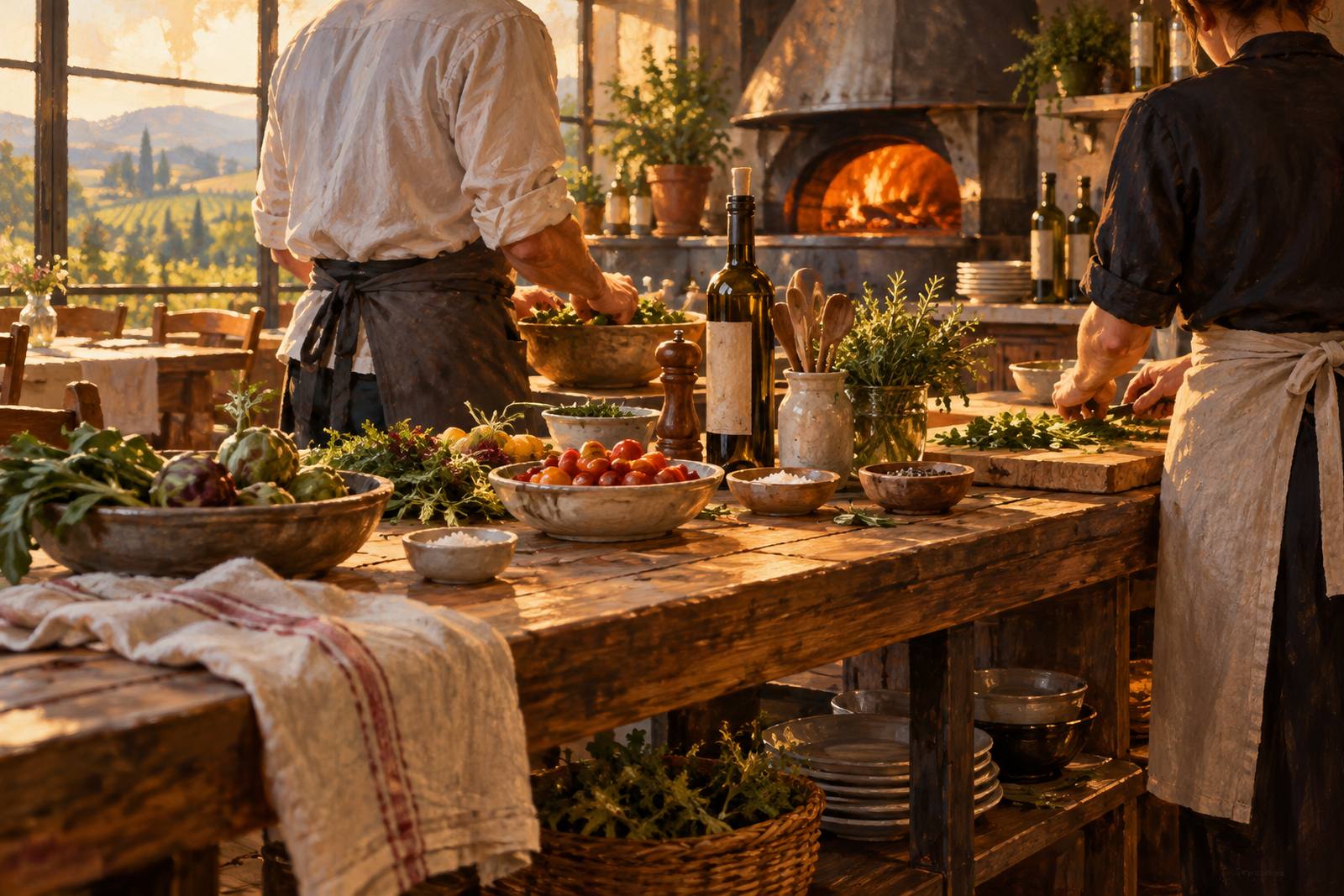 LocaleTerroir: two cooks at a long wooden prep table, Sonoma