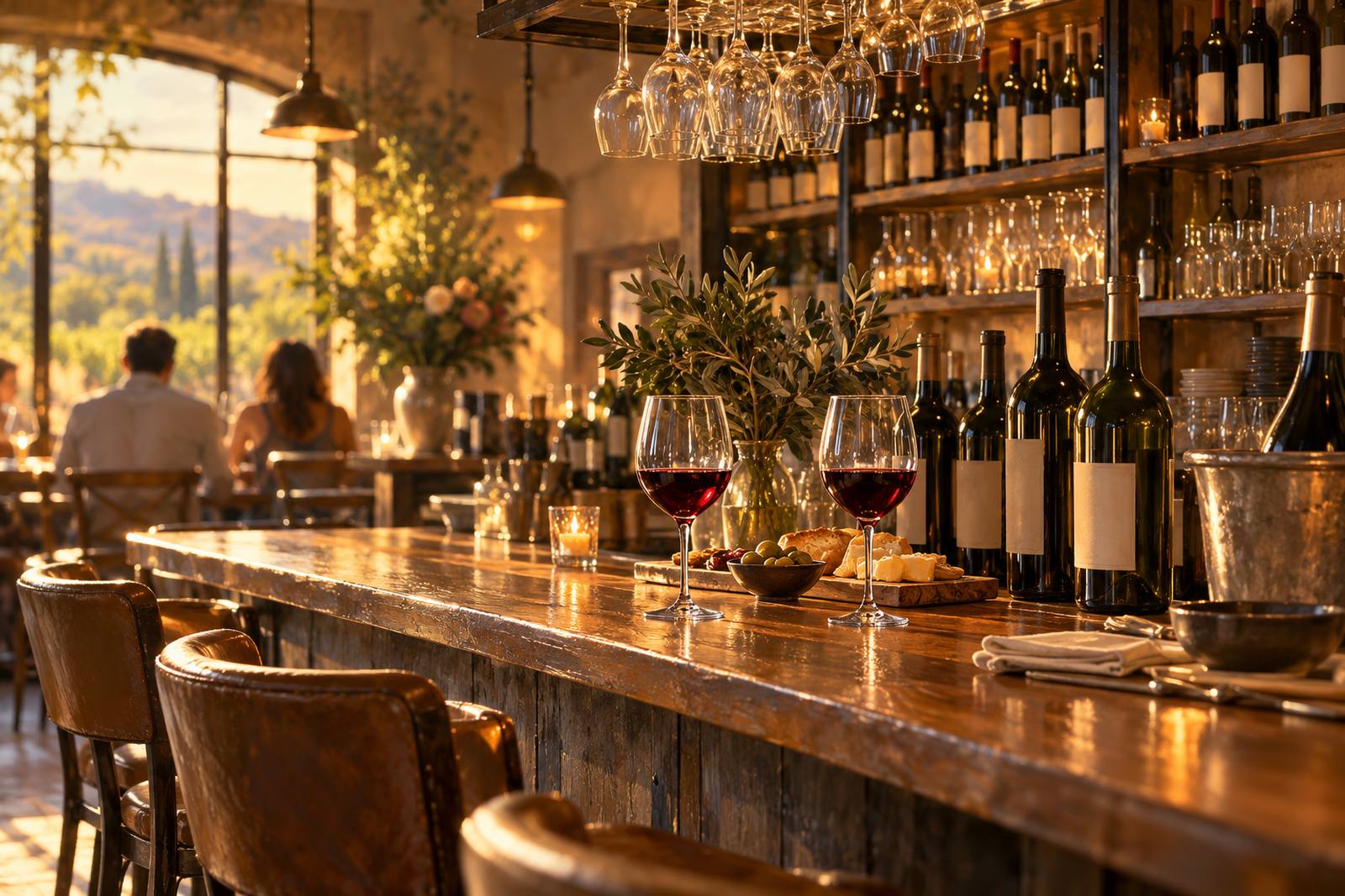 LocaleTerroir: bar with glasses and bottles, soft light, Guerneville