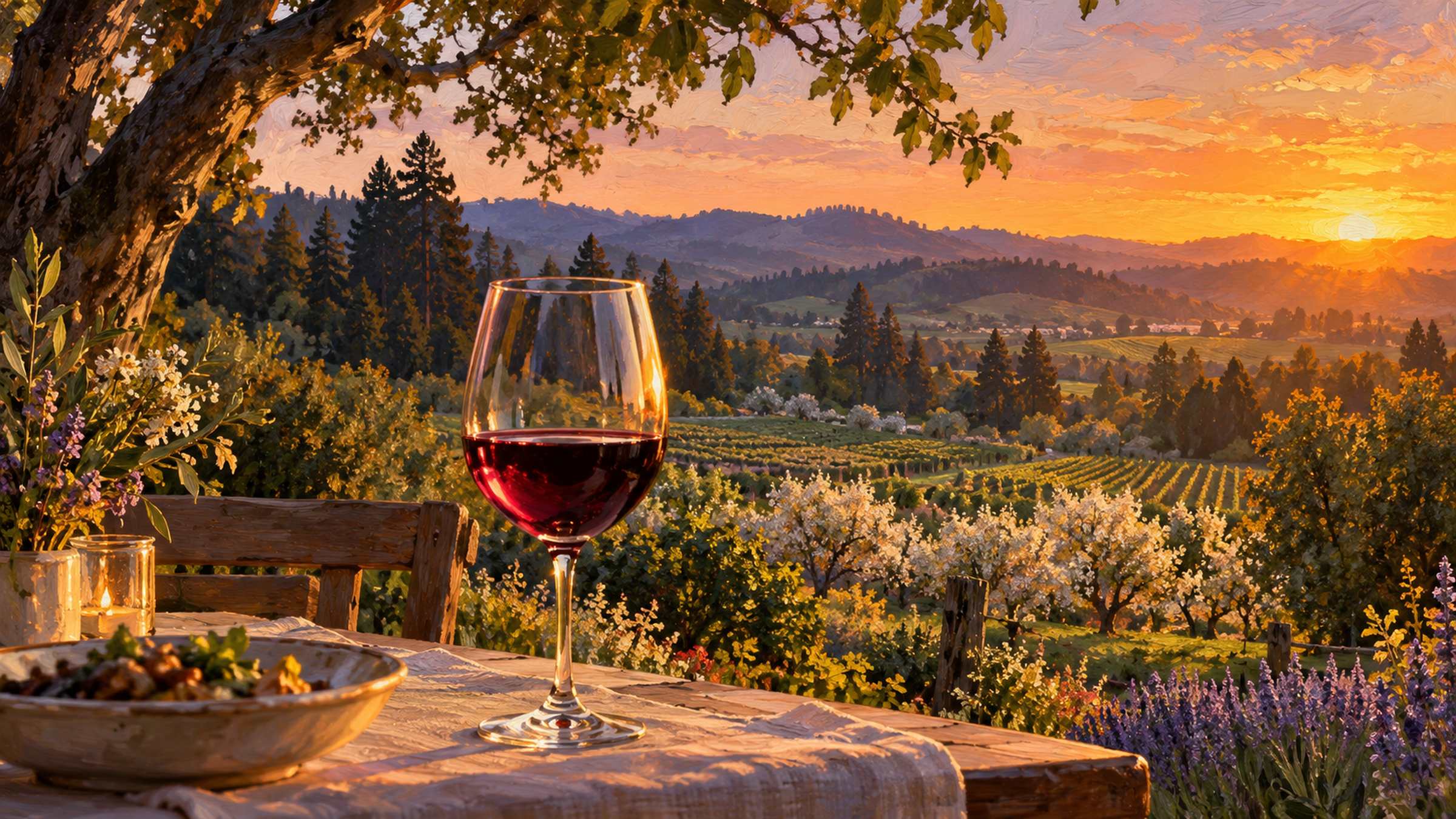 LocaleTerroir: wine with orchards and vines at sunset, Sebastopol, Sonoma County