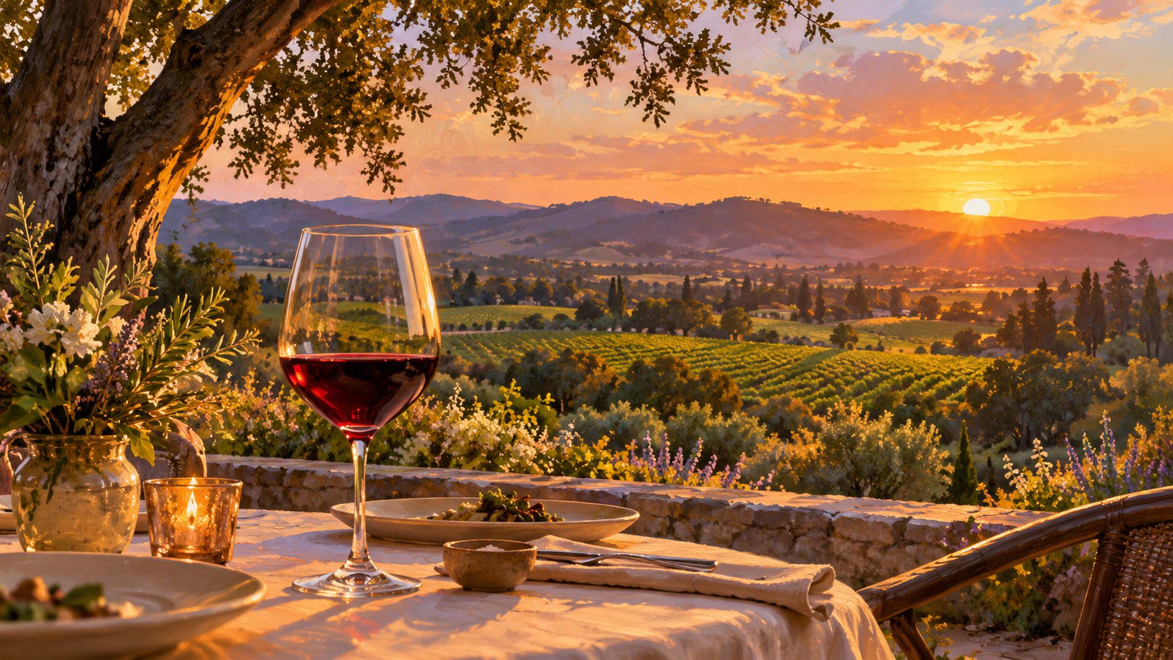 LocaleTerroir: wine overlooking vineyards at sunset, Healdsburg, Sonoma County