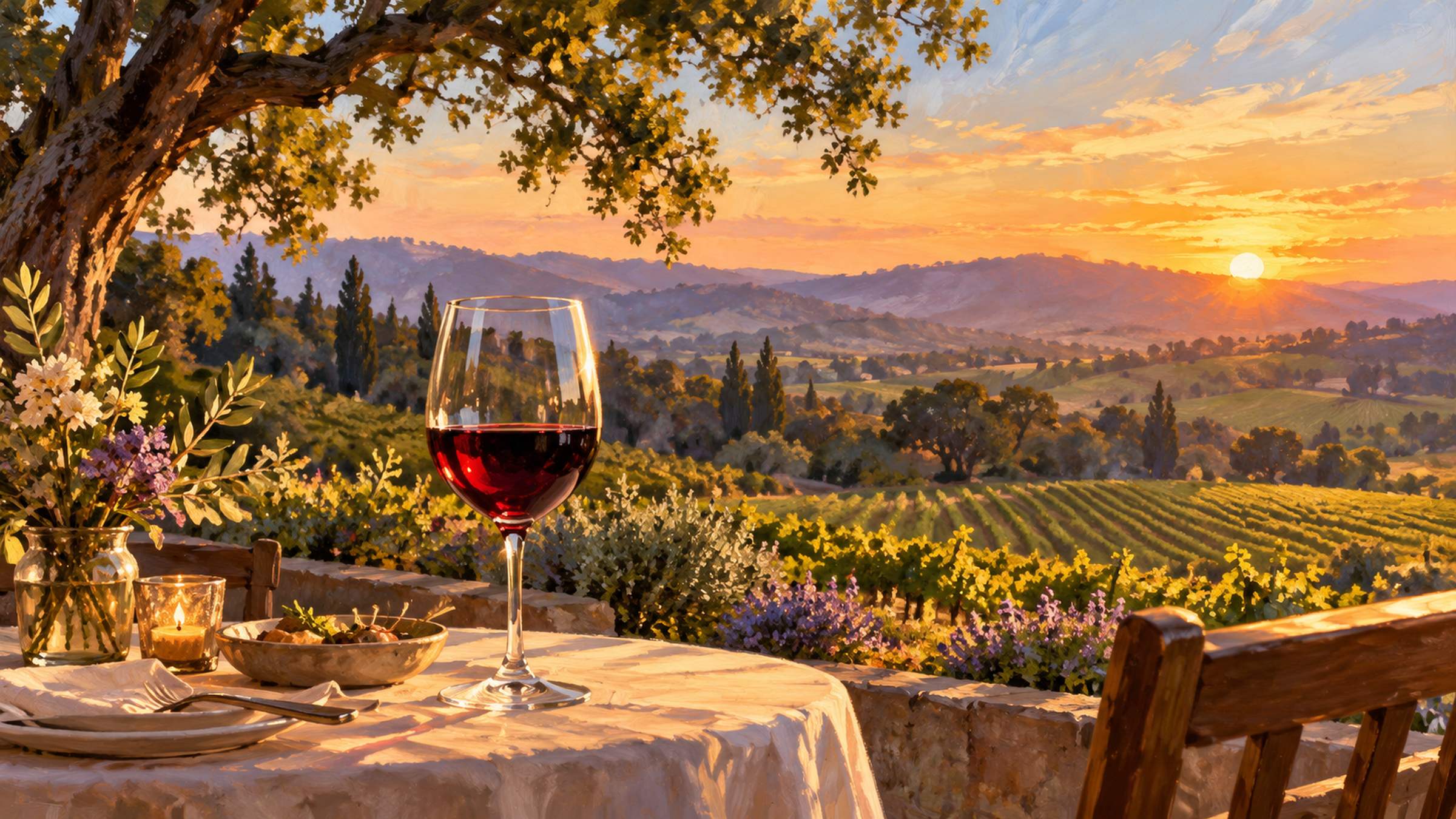LocaleTerroir: glass of wine looking out to the vineyards at sunset, Sonoma, Sonoma County