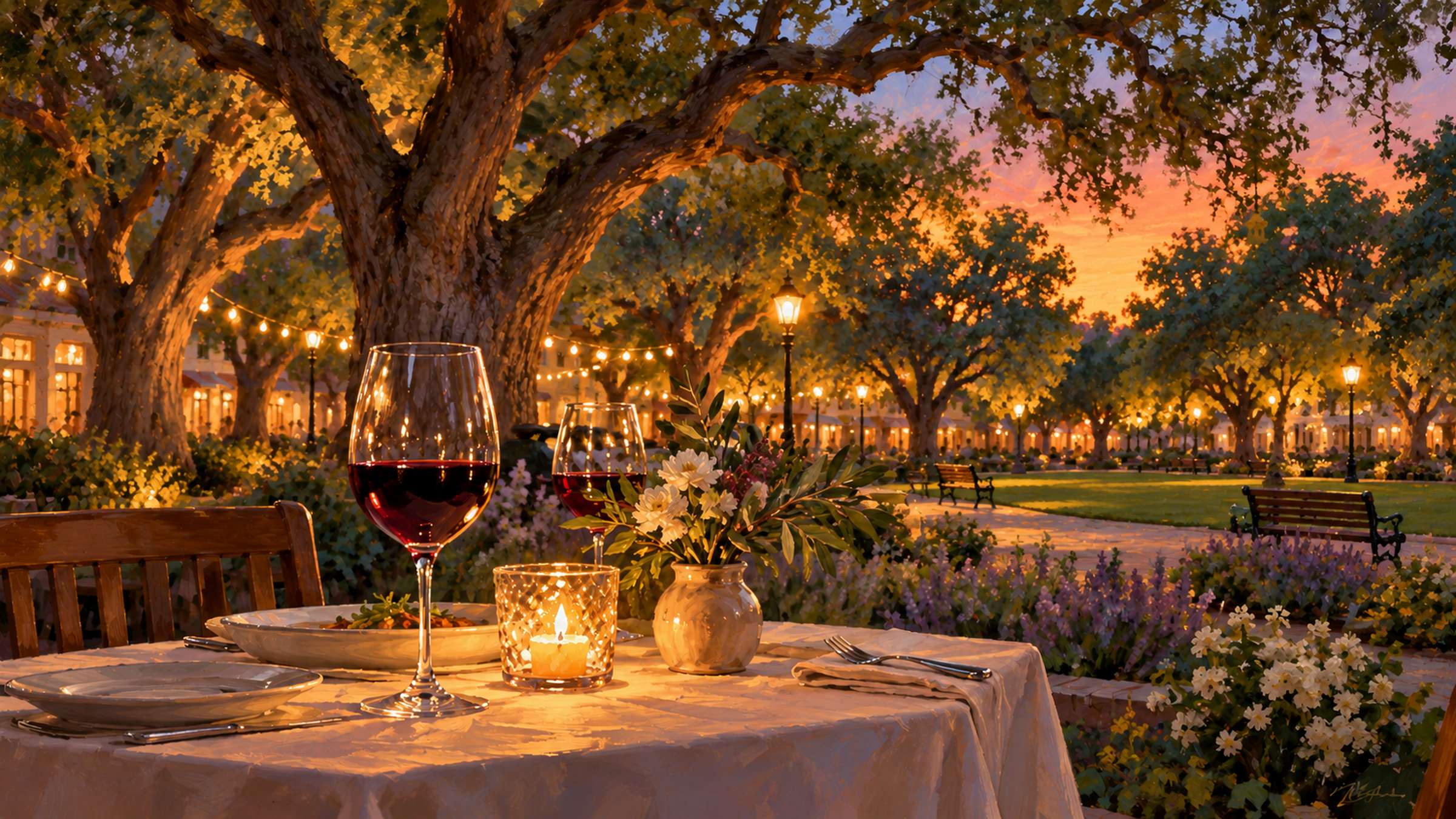 LocaleTerroir: candlelit table at dusk under the Plaza trees, Sonoma, Sonoma County