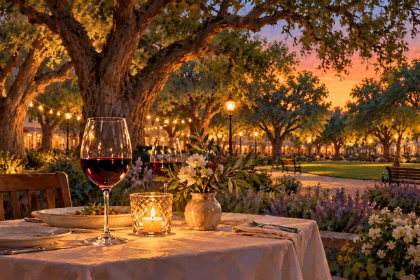LocaleTerroir: candlelit table at dusk under the Plaza trees, Sonoma, Sonoma County
