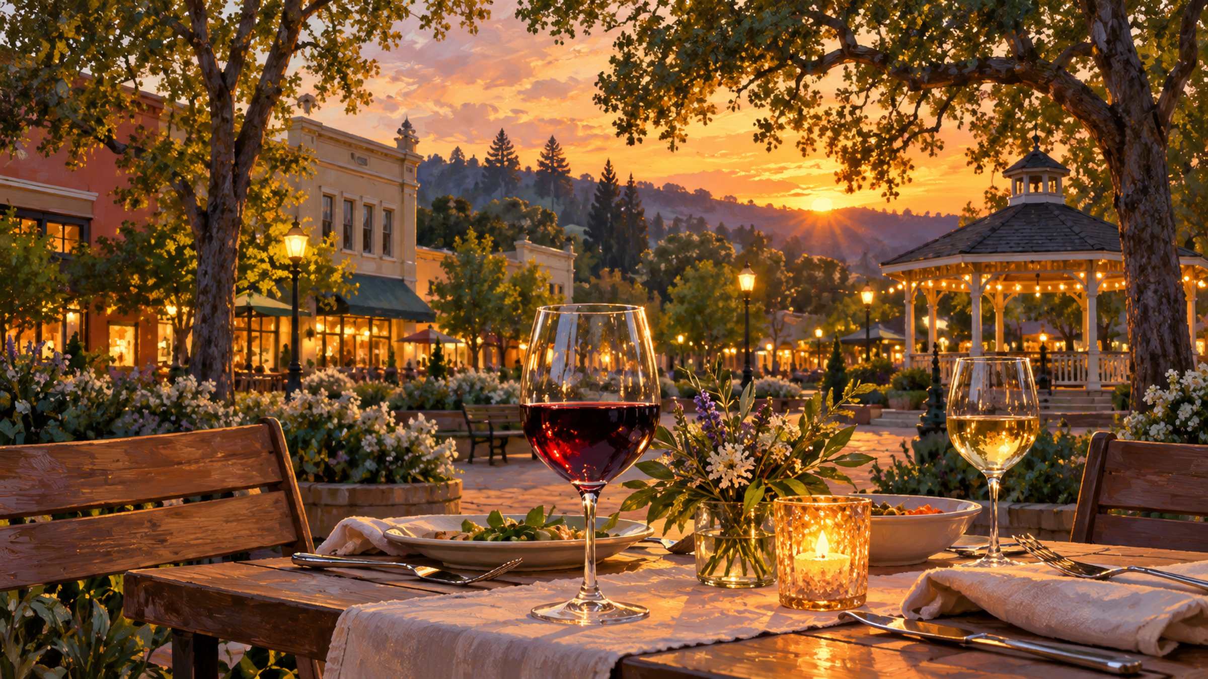 LocaleTerroir: town square table at sunset, Cloverdale, Sonoma County