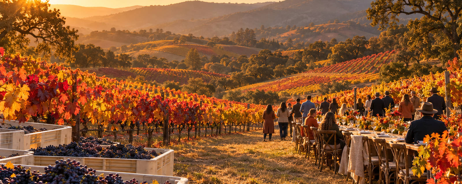 A harvest table among vines in fall color