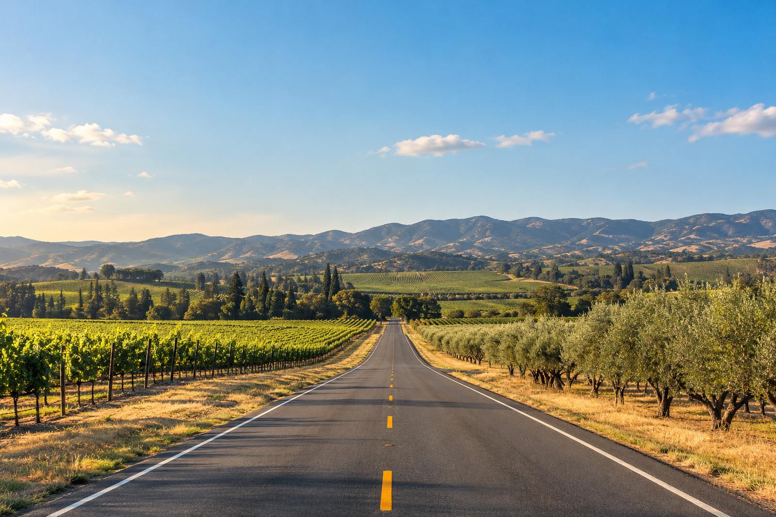 The way to wine country: a long valley road toward the coast hills