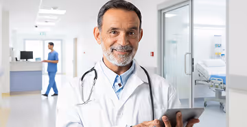Smiling male doctor wearing a white coat and stethoscope holding a tablet in a hospital corridor.