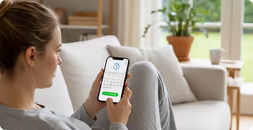 Woman sitting on a couch using a mobile app with a calendar and timer interface on the screen.