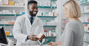 Pharmacist wearing a white coat smiling and explaining medication to a female customer in a pharmacy.
