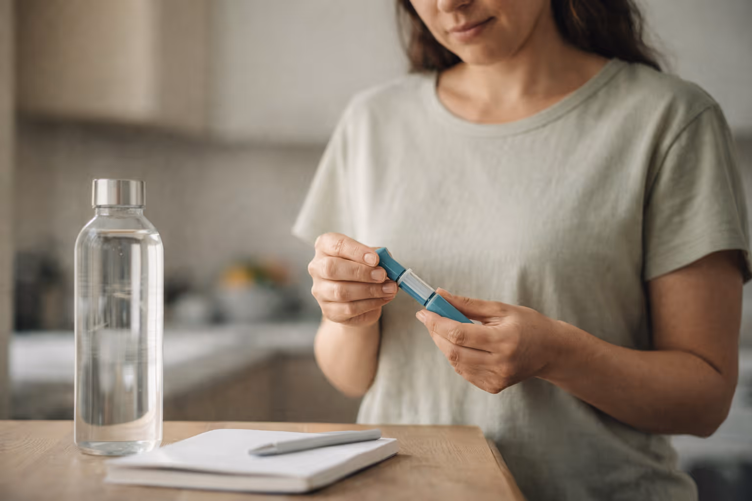Woman holding an asthma inhaler with a water bottle and a notebook with a pen on the table in front of her.