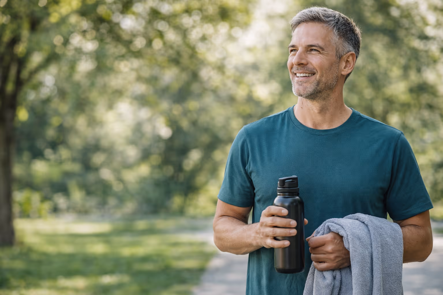 Smiling middle-aged man in a teal shirt holding a water bottle and gray towel outdoors in a park.