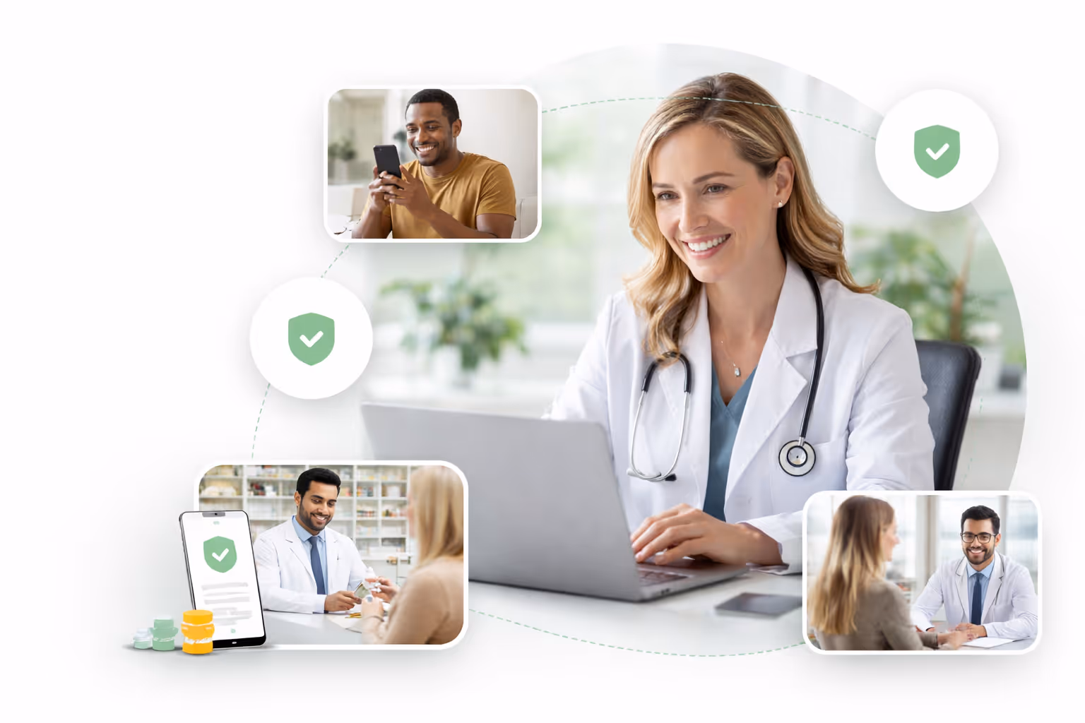 A smiling female doctor using a laptop, surrounded by smaller images of a man using a smartphone, a pharmacist consulting a customer with medication, and a doctor talking to a patient, indicating secure healthcare communication.